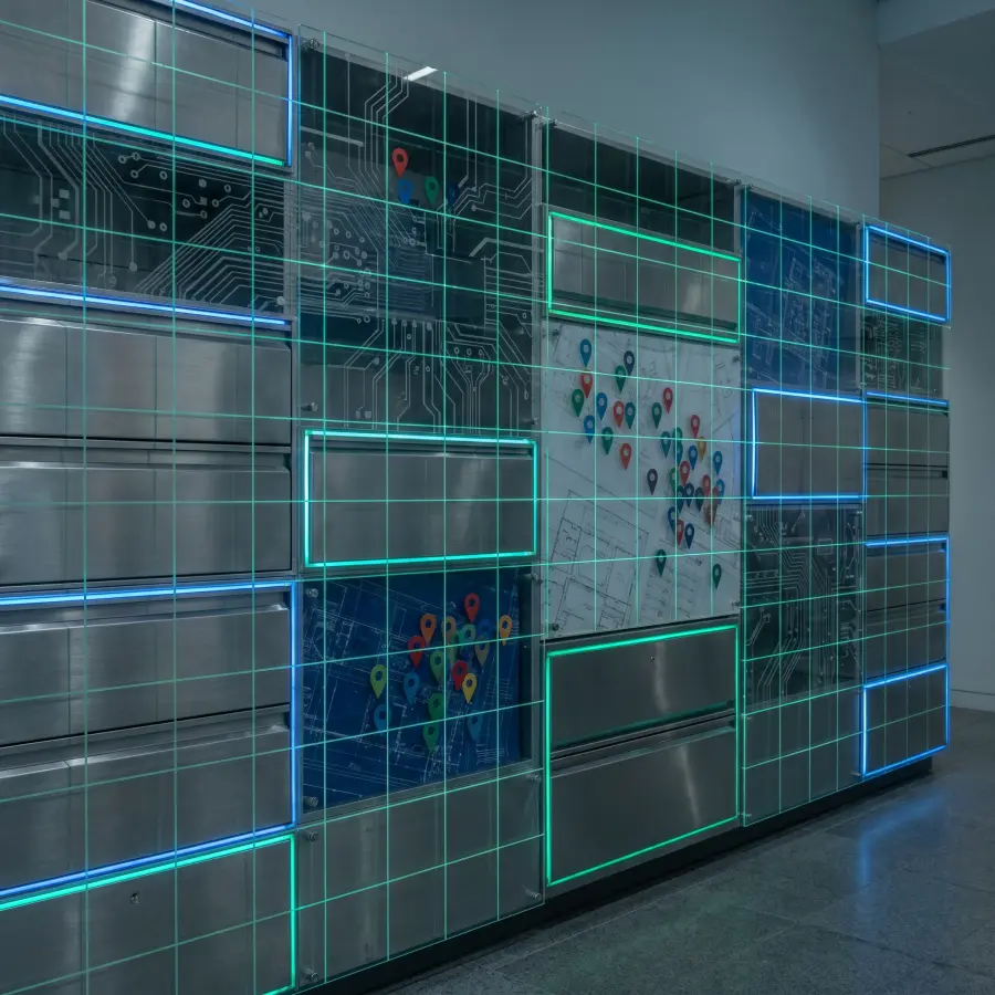 Civic archive wall with illuminated knowledge connections