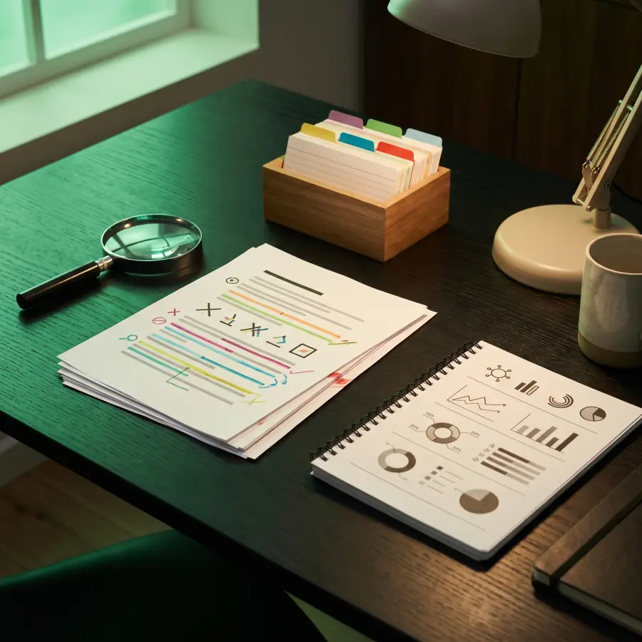 Editorial desk with public reports and source cards